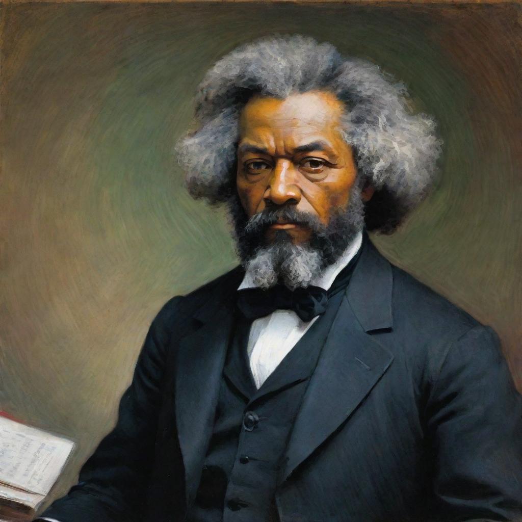 In Claude Monet's style, illustrate Frederick Douglass engaged in a dynamic debate. His determined stance and fervent oration are rendered in vivid, impressionistic strokes, capturing the audience's attention and the atmospheric energy of the discourse.