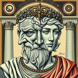 An intricate and visually striking portrayal of Janus, the two-faced god of ancient Roman mythology