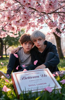 A serene scene under a blooming cherry blossom tree, featuring two teenage boys