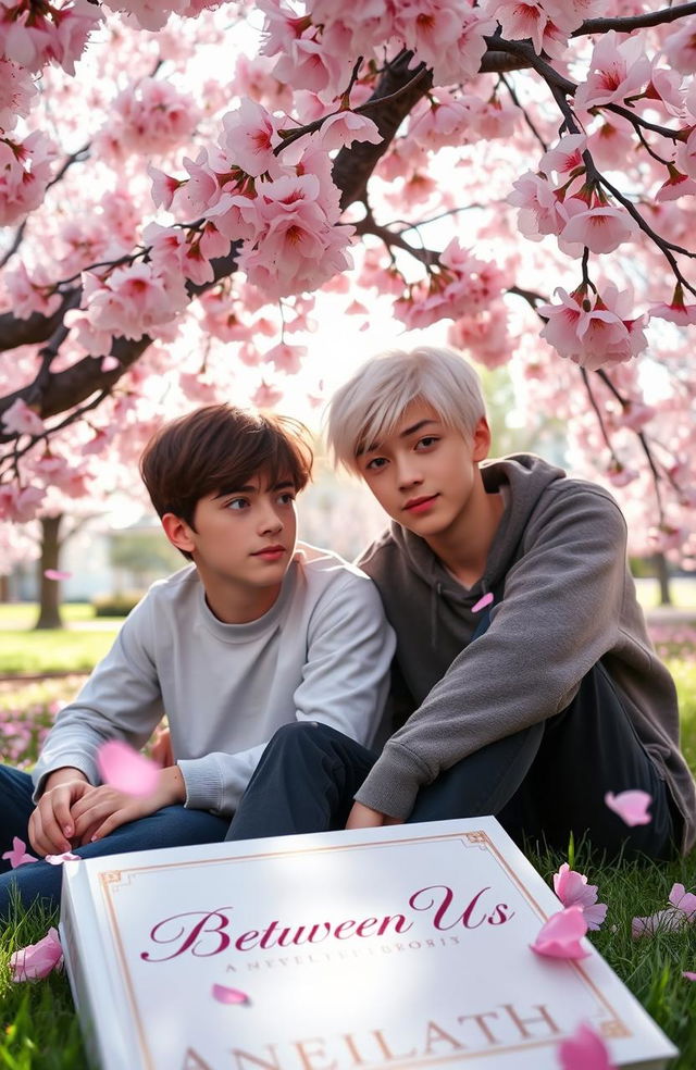 A serene scene under a blooming cherry blossom tree, featuring two teenage boys