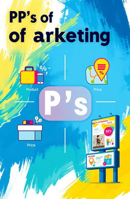 A visually engaging cover page illustrating the 4 P's of marketing: Product, Price, Place, Promotion
