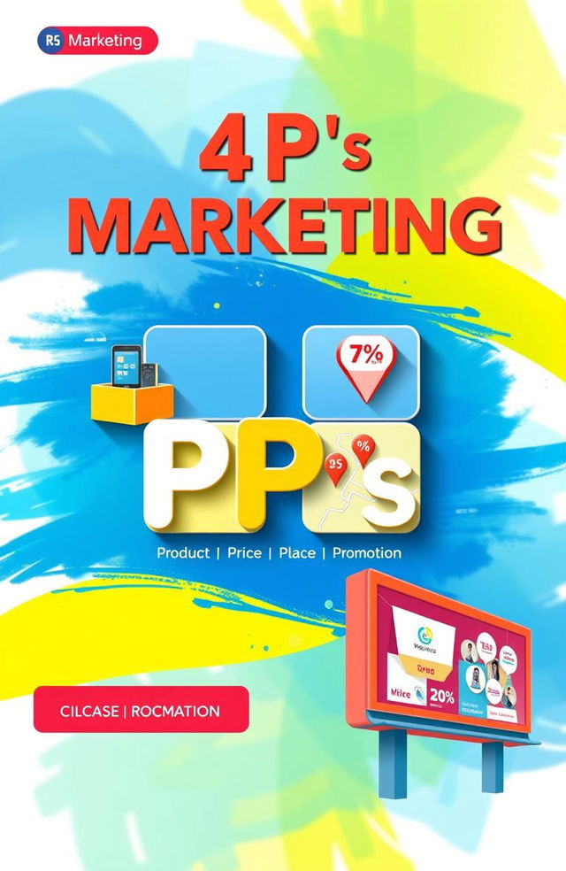 A visually engaging cover page illustrating the 4 P's of marketing: Product, Price, Place, Promotion