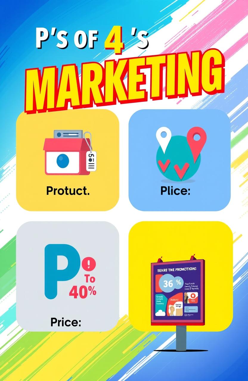 A visually engaging cover page illustrating the 4 P's of marketing: Product, Price, Place, Promotion