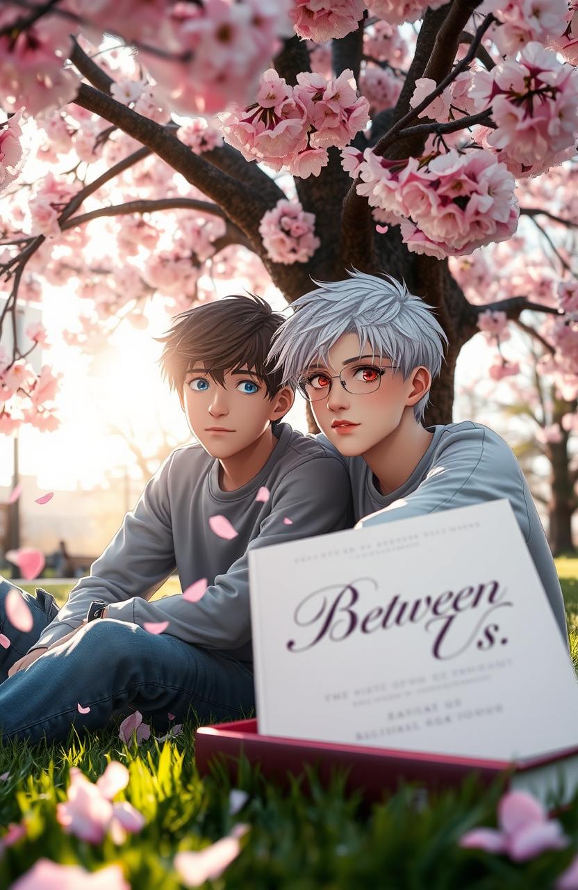 A serene scene under a blooming cherry blossom tree, featuring two teenage boys