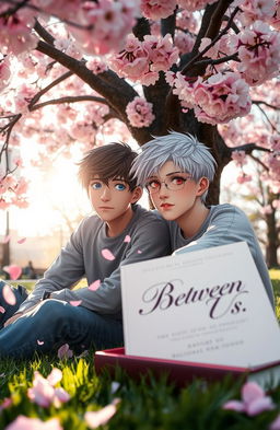 A serene scene under a blooming cherry blossom tree, featuring two teenage boys