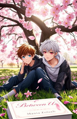 A serene scene under a blooming cherry blossom tree, featuring two teenage boys