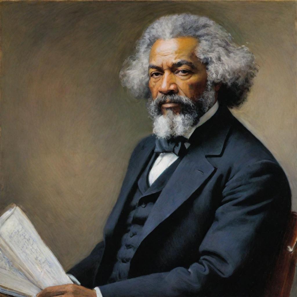 In Claude Monet's style, illustrate Frederick Douglass engaged in a dynamic debate. His determined stance and fervent oration are rendered in vivid, impressionistic strokes, capturing the audience's attention and the atmospheric energy of the discourse.