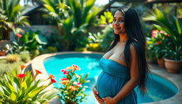 A beautiful mature Indian woman with long black hair stands confidently and elegantly at the edge of her private wild swimming pool, surrounded by a lush garden