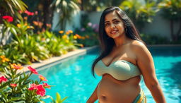 A beautiful mature Indian woman with long black hair stands confidently and elegantly at the edge of her private wild swimming pool, surrounded by a lush garden