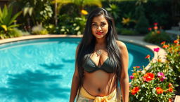 A beautiful mature Indian woman with long black hair stands confidently and elegantly at the edge of her private wild swimming pool, surrounded by a lush garden