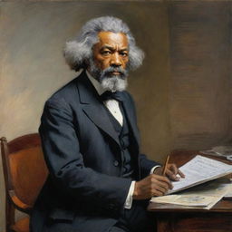 In Claude Monet's style, illustrate Frederick Douglass engaged in a dynamic debate. His determined stance and fervent oration are rendered in vivid, impressionistic strokes, capturing the audience's attention and the atmospheric energy of the discourse.