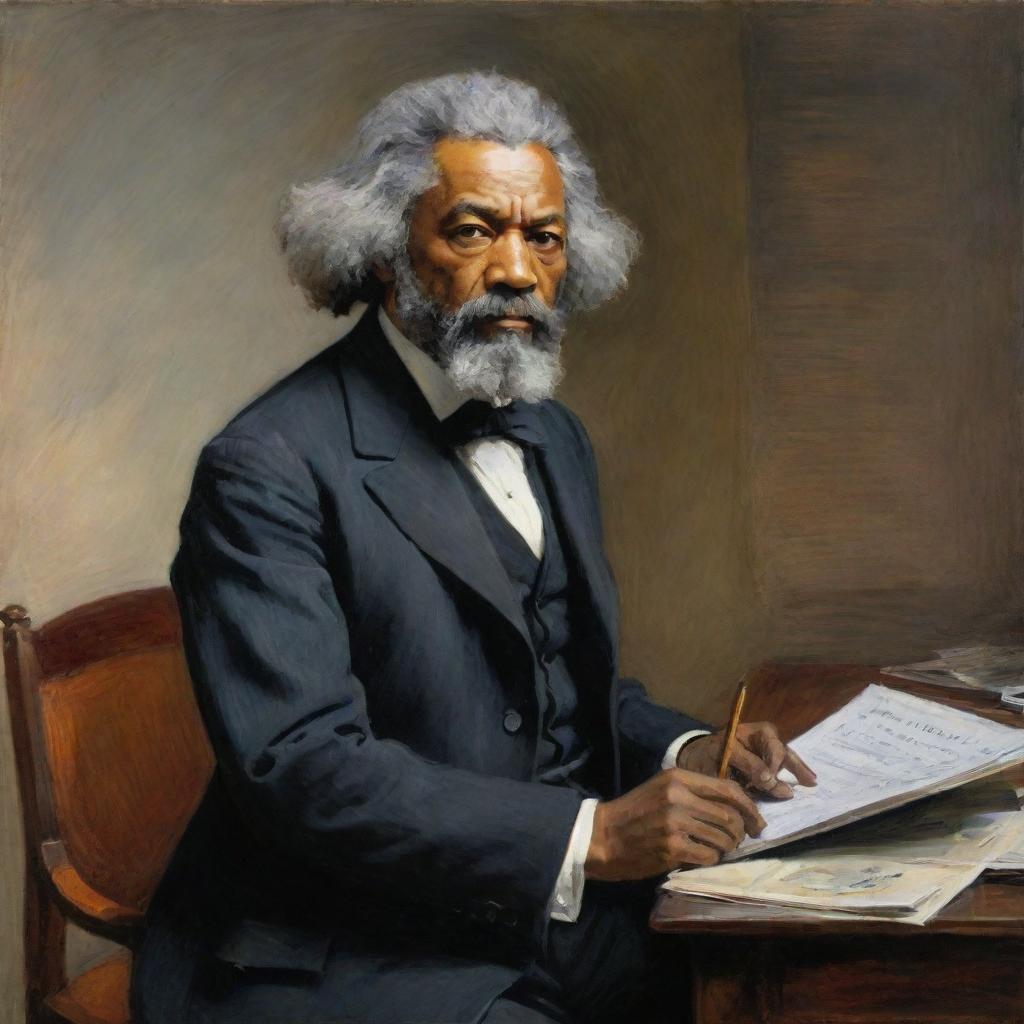 In Claude Monet's style, illustrate Frederick Douglass engaged in a dynamic debate. His determined stance and fervent oration are rendered in vivid, impressionistic strokes, capturing the audience's attention and the atmospheric energy of the discourse.