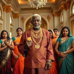 Inside the grand hall of an opulent large house, an older African male of shorter stature is dressed in traditional attire embellished with shimmering gold chains, confidently holding a gleaming gold bar