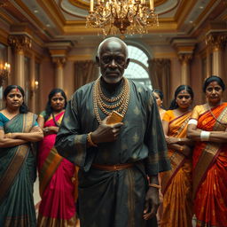 Inside the grand hall of an opulent large house, an older African male of shorter stature is dressed in traditional attire embellished with shimmering gold chains, confidently holding a gleaming gold bar