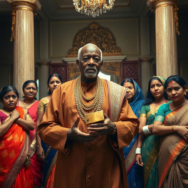 Inside the grand hall of an opulent large house, an older African male of shorter stature is dressed in traditional attire embellished with shimmering gold chains, confidently holding a gleaming gold bar