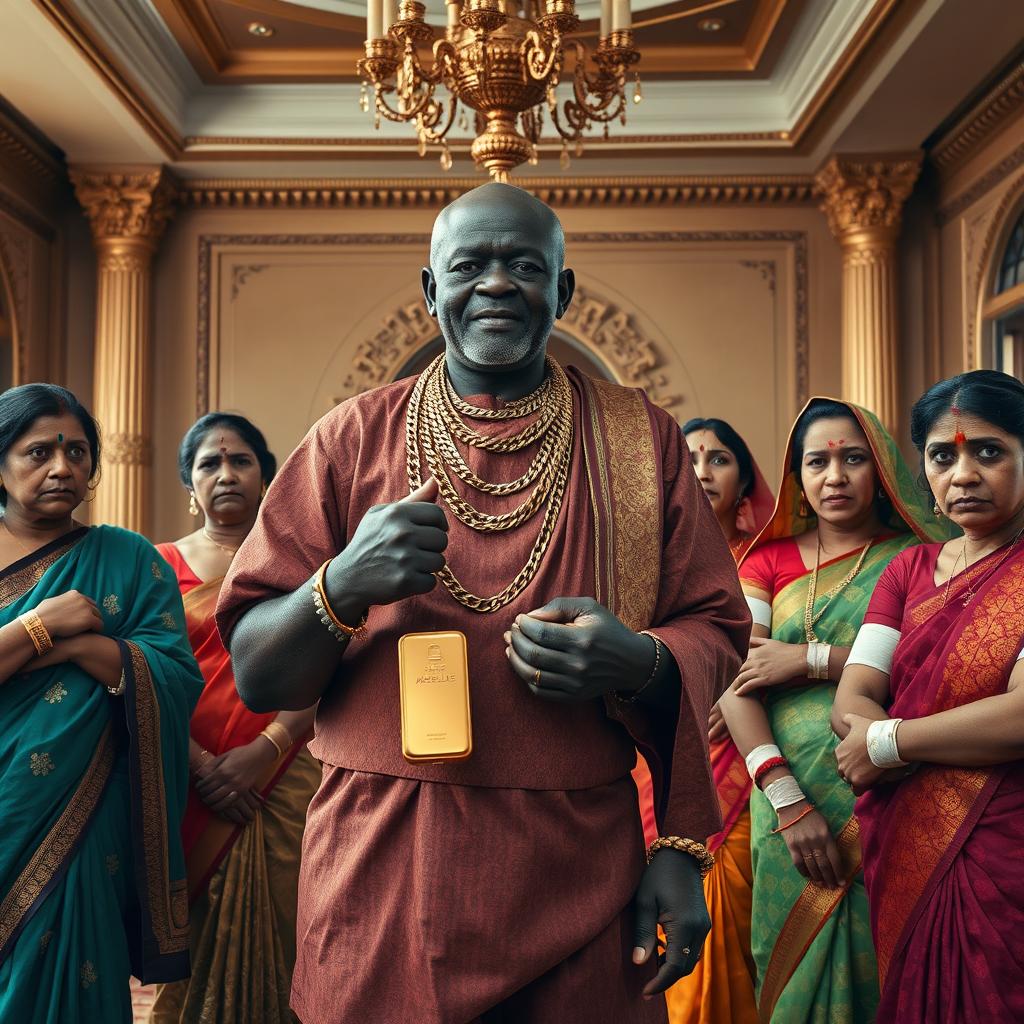 Inside the grand hall of an opulent large house, an older African male of shorter stature is dressed in traditional attire embellished with shimmering gold chains, confidently holding a gleaming gold bar