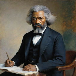 In Claude Monet's style, illustrate Frederick Douglass engaged in a dynamic debate. His determined stance and fervent oration are rendered in vivid, impressionistic strokes, capturing the audience's attention and the atmospheric energy of the discourse.