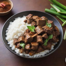 An enticing dish of Rendang, a traditional Indonesian stew. Succulent pieces of beef simmered in coconut milk and a mixture of lemongrass, galangal, garlic and chili, creating its signature dark, rich sauce, served over fragrant jasmine rice