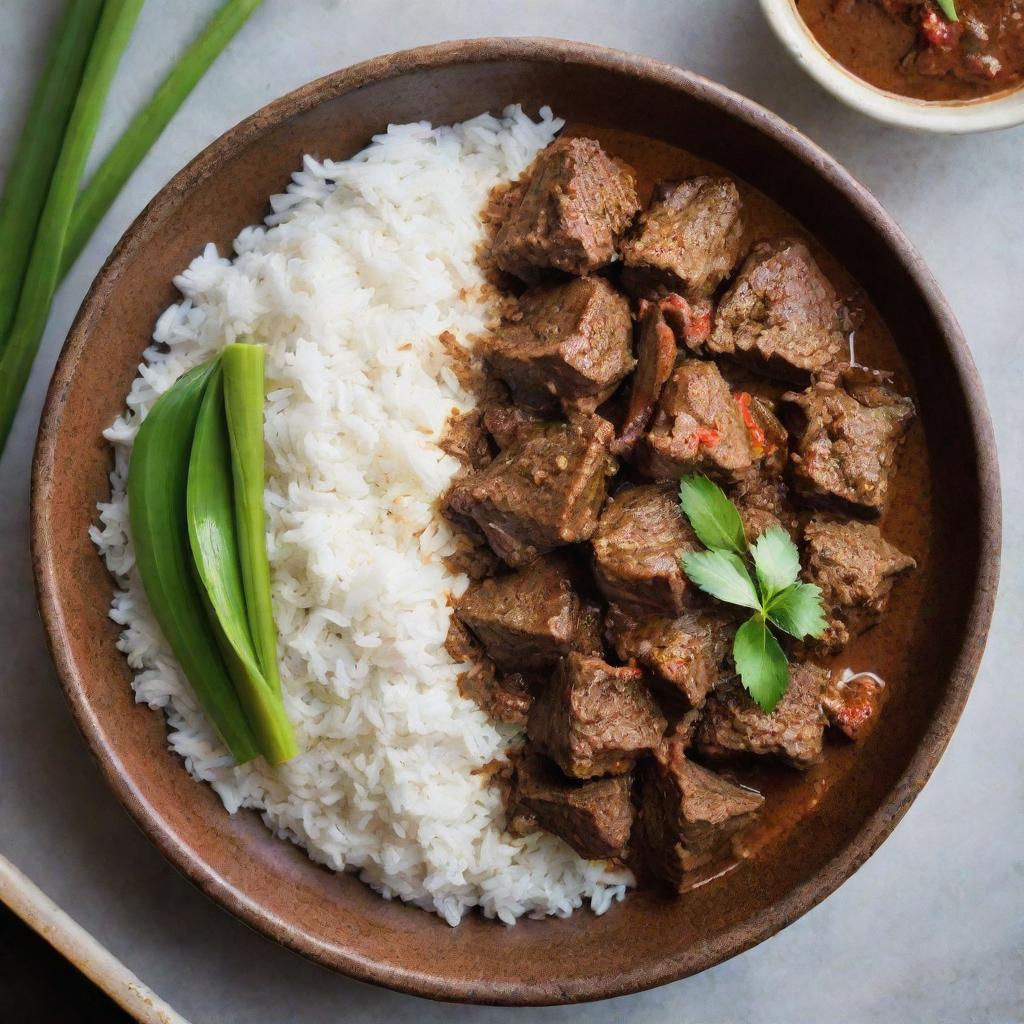 An enticing dish of Rendang, a traditional Indonesian stew. Succulent pieces of beef simmered in coconut milk and a mixture of lemongrass, galangal, garlic and chili, creating its signature dark, rich sauce, served over fragrant jasmine rice