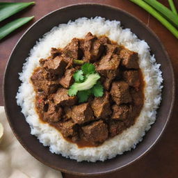 An enticing dish of Rendang, a traditional Indonesian stew. Succulent pieces of beef simmered in coconut milk and a mixture of lemongrass, galangal, garlic and chili, creating its signature dark, rich sauce, served over fragrant jasmine rice