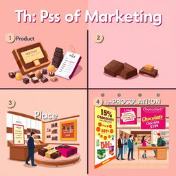 A visually engaging and colorful representation of the 4 Ps of marketing using chocolate products
