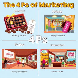 A visually engaging and colorful representation of the 4 Ps of marketing using chocolate products
