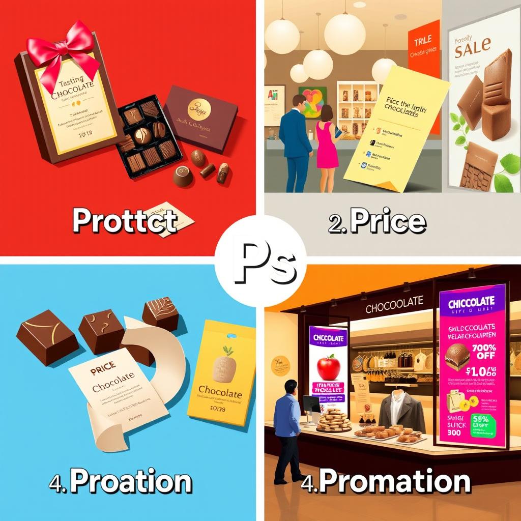 A visually engaging and colorful representation of the 4 Ps of marketing using chocolate products