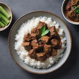 An enticing dish of Rendang, a traditional Indonesian stew. Succulent pieces of beef simmered in coconut milk and a mixture of lemongrass, galangal, garlic and chili, creating its signature dark, rich sauce, served over fragrant jasmine rice