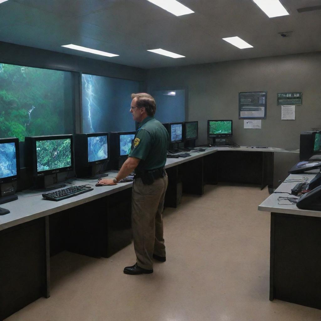 Alter the image to show a Jurassic Park security guard entering the high-tech computer room in the Visitor Center, filled with monitors displaying different areas of Isla Nublar amid the thunderstorm.