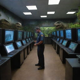 Alter the image to show a Jurassic Park security guard entering the high-tech computer room in the Visitor Center, filled with monitors displaying different areas of Isla Nublar amid the thunderstorm.