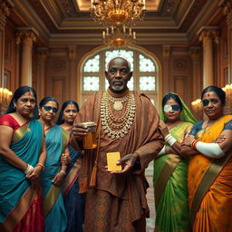 Inside the grand hall of an opulent large house, an older African male of shorter stature is dressed in traditional attire adorned with stunning gold chains, confidently holding a shiny gold bar