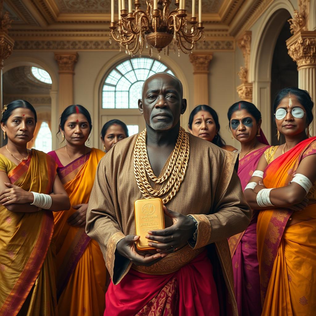 Inside the grand hall of an opulent large house, an older African male of shorter stature is dressed in traditional attire adorned with stunning gold chains, confidently holding a shiny gold bar