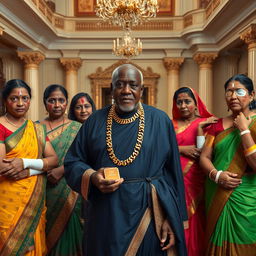 Inside the grand hall of an opulent large house, an older African male of shorter stature is dressed in traditional attire adorned with stunning gold chains, confidently holding a shiny gold bar
