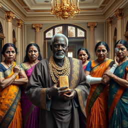 Inside the grand hall of an opulent large house, an older African male of shorter stature is dressed in traditional attire adorned with stunning gold chains, confidently holding a shiny gold bar