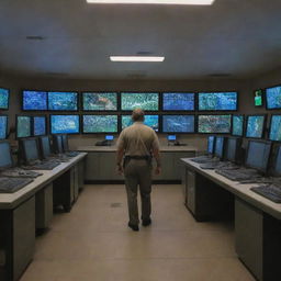 Alter the image to show a Jurassic Park security guard entering the high-tech computer room in the Visitor Center, filled with monitors displaying different areas of Isla Nublar amid the thunderstorm.