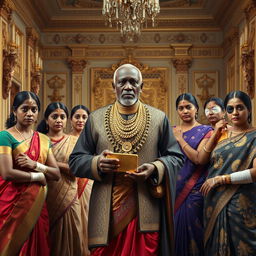 An older African male, not tall, dressed in luxurious attire adorned with gold chains, confidently holding a gold bar