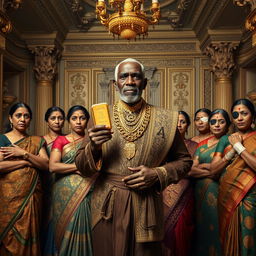An older African male, not tall, dressed in luxurious attire adorned with gold chains, confidently holding a gold bar