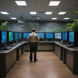 Alter the image to show a Jurassic Park security guard entering the high-tech computer room in the Visitor Center, filled with monitors displaying different areas of Isla Nublar amid the thunderstorm.