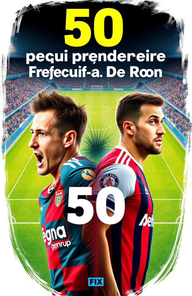 A creative book cover design titled "50 motivi per cui preferire Frendrup a De Roon" featuring a dynamic composition highlighting the Genoa footballer Frendrup on one side, dressed in his Genoa jersey, displaying an energetic and confident pose