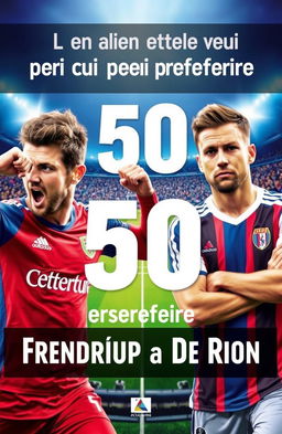 A creative book cover design titled "50 motivi per cui preferire Frendrup a De Roon" featuring a dynamic composition highlighting the Genoa footballer Frendrup on one side, dressed in his Genoa jersey, displaying an energetic and confident pose