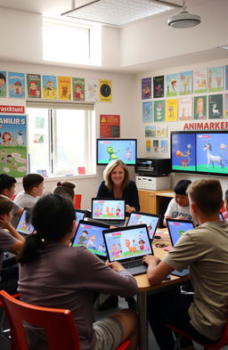 A vibrant classroom setting with students engaging in an animation workshop using Animaker