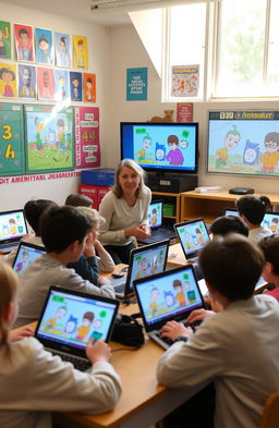 A vibrant classroom setting with students engaging in an animation workshop using Animaker