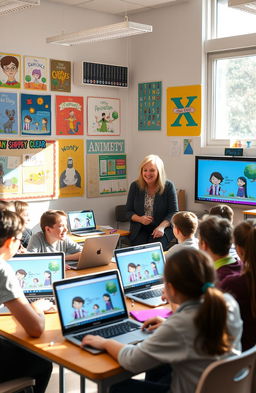A vibrant classroom setting with students engaging in an animation workshop using Animaker