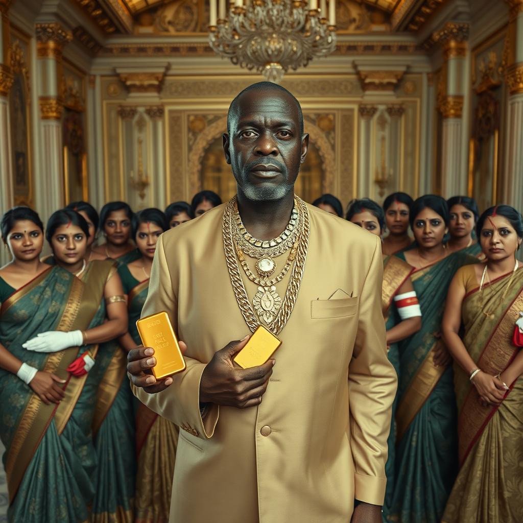 An older African male, not tall, elegantly dressed in luxurious attire with gold chains, prominently holding a gold bar