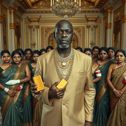 An older African male, not tall, elegantly dressed in luxurious attire with gold chains, prominently holding a gold bar