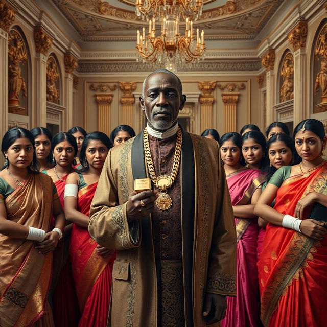 An older African male, not tall, elegantly dressed in luxurious attire with gold chains, prominently holding a gold bar