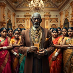 An older African male, not tall, elegantly dressed in luxurious attire with gold chains, prominently holding a gold bar