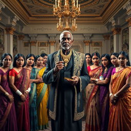 An older African male, not tall, elegantly dressed in luxurious attire with gold chains, prominently holding a gold bar