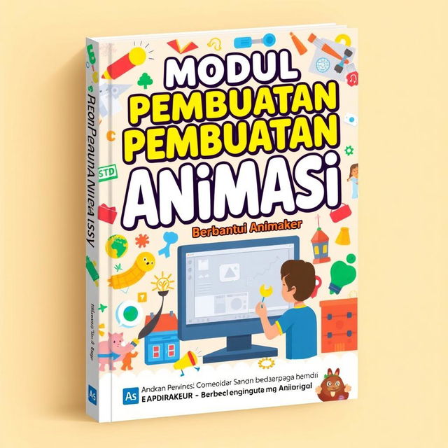 A visually engaging book cover design for a title 'Modul Pembuatan Animasi Berbantu Animaker'