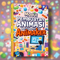 A visually engaging book cover design for a title 'Modul Pembuatan Animasi Berbantu Animaker'